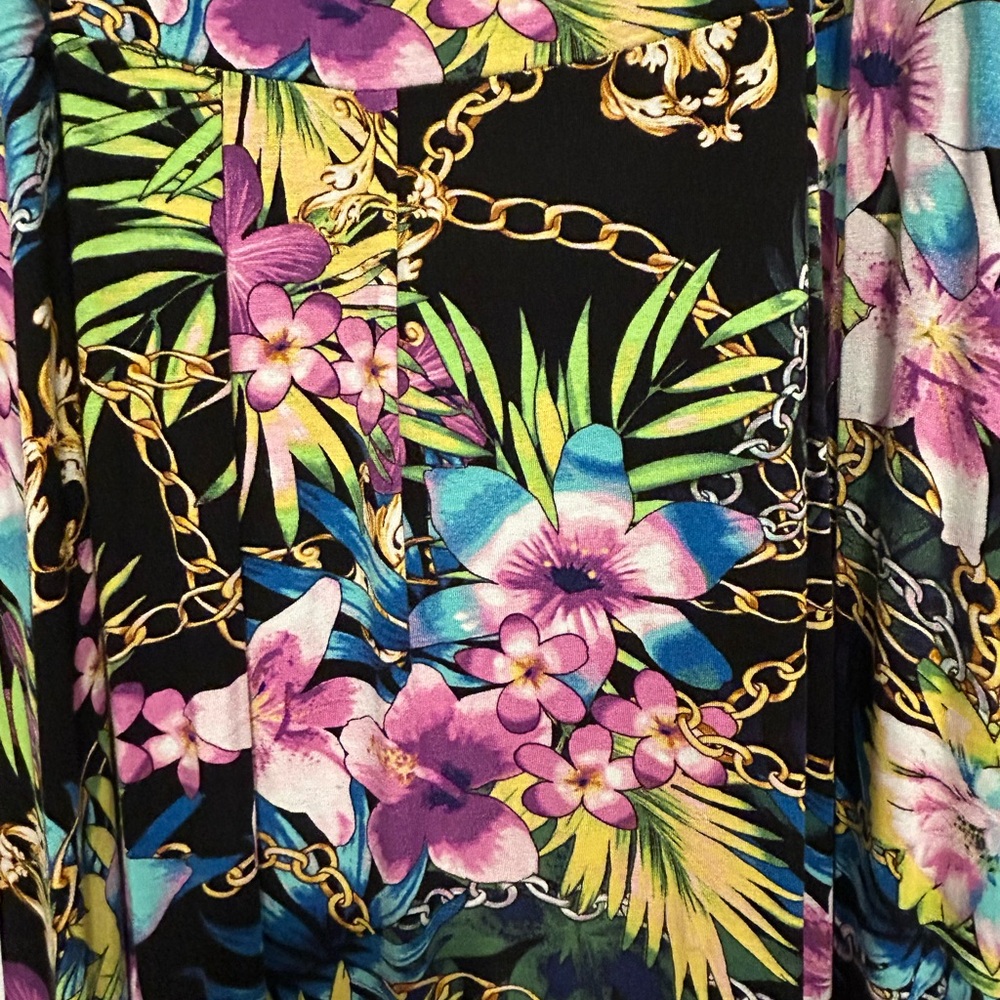 Jennifer Lopez Tropical V Nexk Black Floral & Gold Chain Print Maxi Dress 2X - Picture 3 of 5